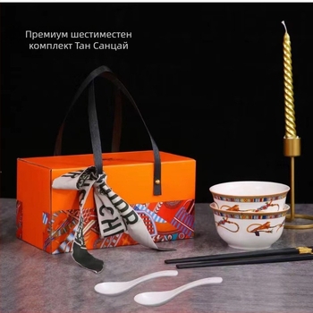 Порцеланов сервиз за хранене със купи и клечки, модерен семпъл стил, мультяшен мотив, възможност за персонализиране на лого, подаръчна кутия