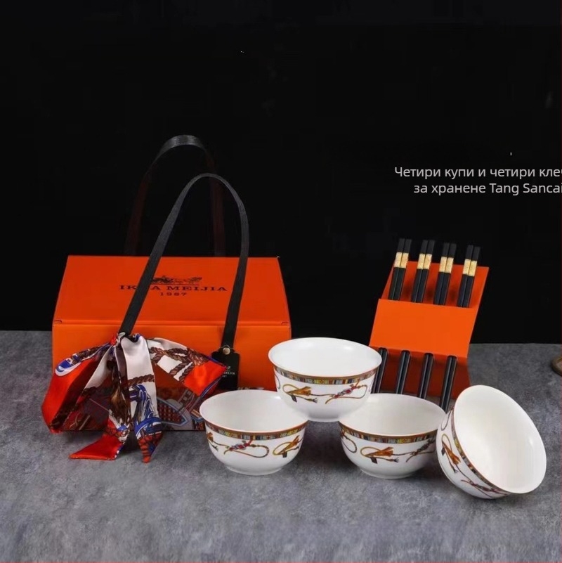 Порцеланов сервиз за хранене със купи и клечки, модерен семпъл стил, мультяшен мотив, възможност за персонализиране на лого, подаръчна кутия