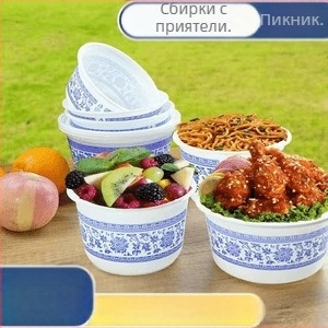 Еднократни синьо-бели порцеланови купи със комплект прибори за хранене; дебели порцеланови купи за дома; кръгли купи за супа и ориз.