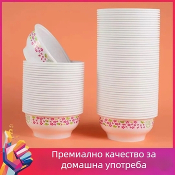 Еднократни синьо-бели порцеланови купи със комплект прибори за хранене; дебели порцеланови купи за дома; кръгли купи за супа и ориз.