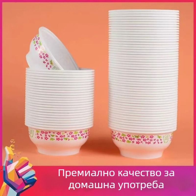 Еднократни синьо-бели порцеланови купи със комплект прибори за хранене; дебели порцеланови купи за дома; кръгли купи за супа и ориз.