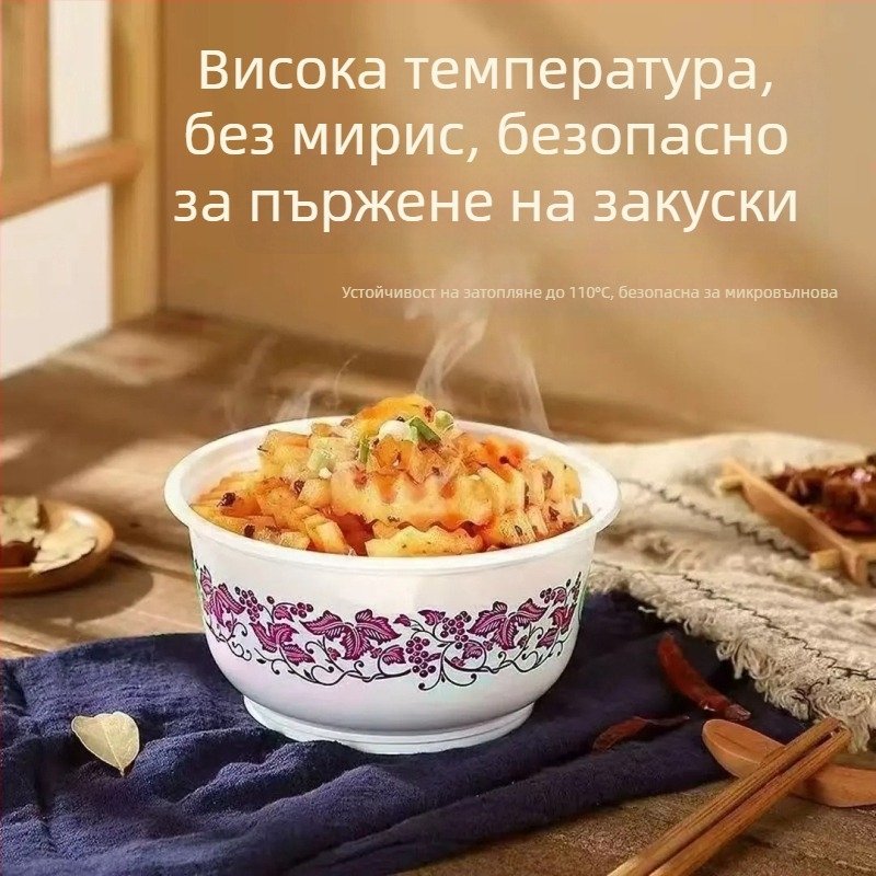 Еднократни синьо-бели порцеланови купи със комплект прибори за хранене; дебели порцеланови купи за дома; кръгли купи за супа и ориз.