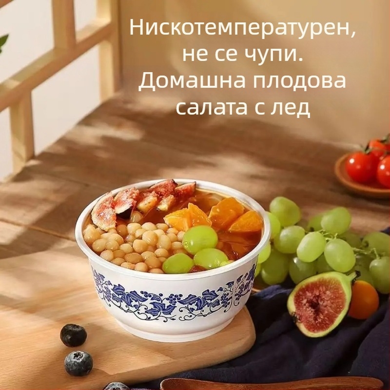 Еднократни синьо-бели порцеланови купи със комплект прибори за хранене; дебели порцеланови купи за дома; кръгли купи за супа и ориз.