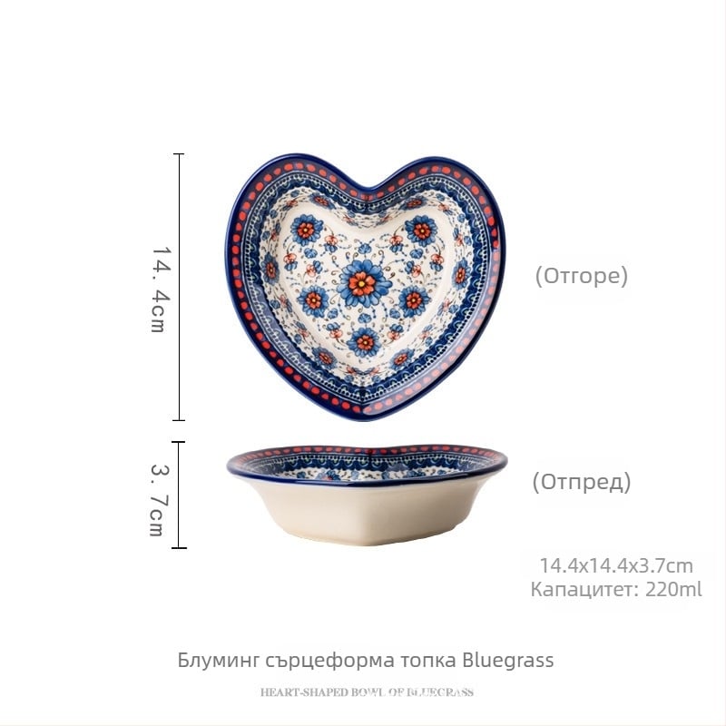 Комплект керамични купи и лъжички с ръчно рисуван флорален подглазурен дизайн, луксозен ретро стил, вместимост 2000 ml