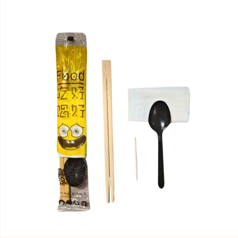 Еднократен комплект прибори за хранене: клечки за хранене, лъжица 4 в 1, салфетка и клечка за зъби, в отделна опаковка; кутия 100 бр.; неразградим; срок на годност 36; произход Guangxi