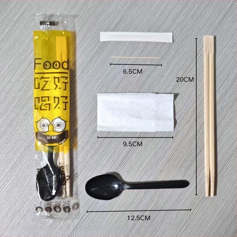 Еднократен комплект прибори за хранене: клечки за хранене, лъжица 4 в 1, салфетка и клечка за зъби, в отделна опаковка; кутия 100 бр.; неразградим; срок на годност 36; произход Guangxi