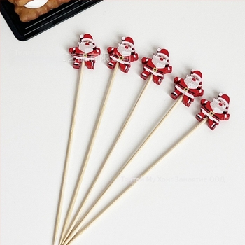 Еднократни коктейлни шишчета от бамбук с мотив Дядо Коледа, корейски стил, възможност за печат на лого