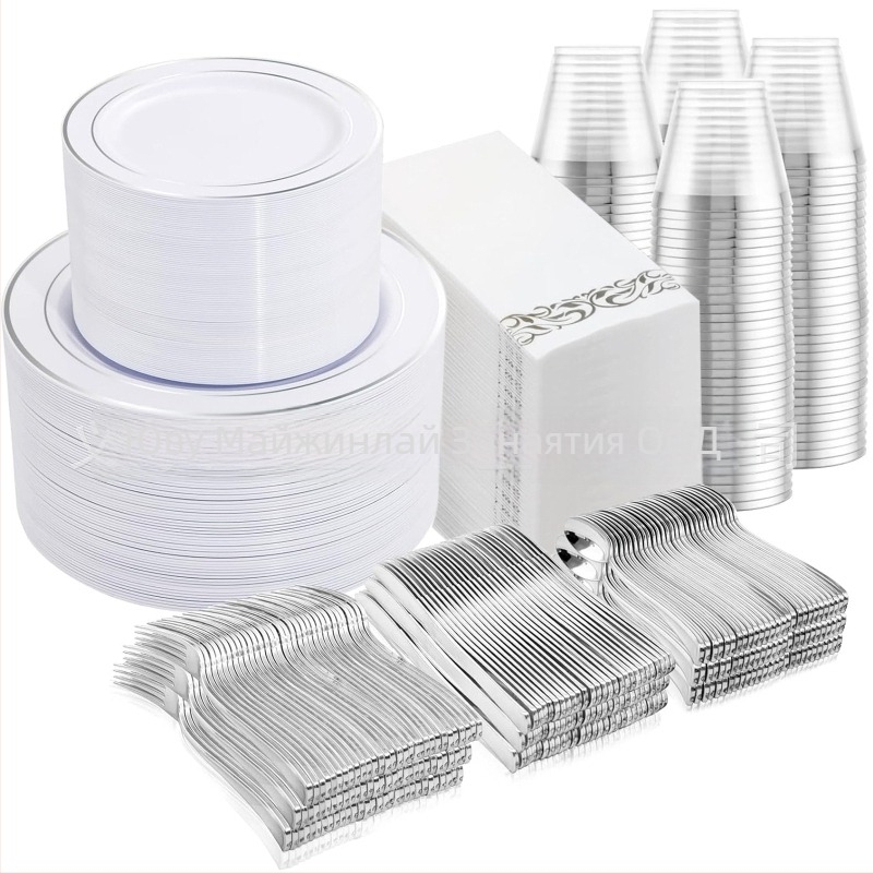 Еднократна посуда за хранене от PS твърд пластмаса със златен кант; включва чинии за хранене, чаши за вино и прибори (нож, вилица, лъжица); възможност за персонализиране на лого; опаковка 25 броя; биоразградимо; произход Zhejiang провинция