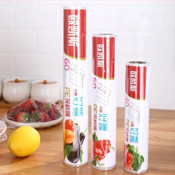 Хранително фолио Okeus – обикновено фолио за съхранение в хладилник за дома; материал: пластмаса; температурна устойчивост: -60°C до 100°C; срок на годност: 48 месеца; опаковка: проста; 60 бр.