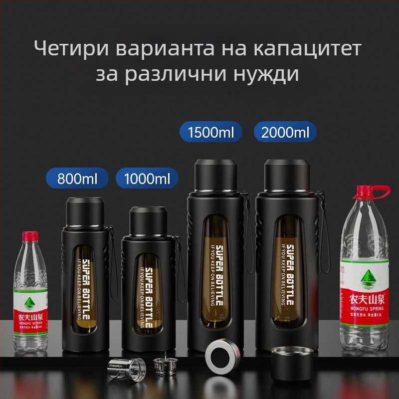 Двойно-слойна стъклена чаша за чай с разделяне на чай и вода, термоустойчива, интелигентно измерване на температурата и филтър