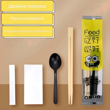 Бамбуков комплект за еднократни прибори: клечки и лъжица, четири части, кръгла форма, четири в едно, персонализируем, опаковка 500 броя