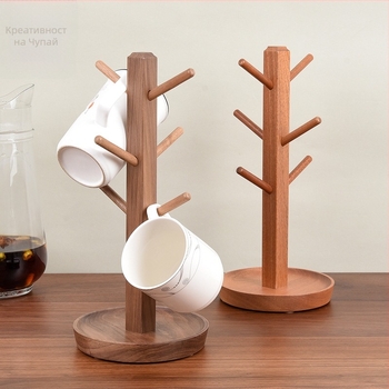 Дървен държач за чаши и настолен органайзер с отдел за ключове - минималистичен стил, масивно дърво