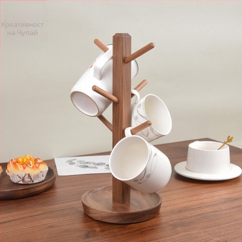 Дървен държач за чаши и настолен органайзер с отдел за ключове - минималистичен стил, масивно дърво