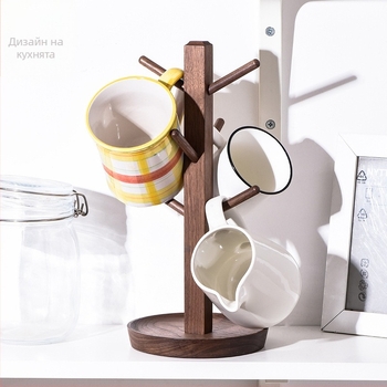 Дървен държач за чаши и настолен органайзер с отдел за ключове - минималистичен стил, масивно дърво