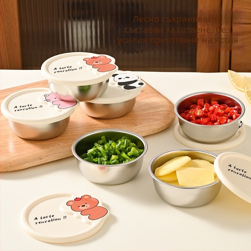 Дип чиния със капак от неръждаема стомана – кръгла, преносима купичка за сосове за къмпинг и пикник, подходяща за микровълнова печка