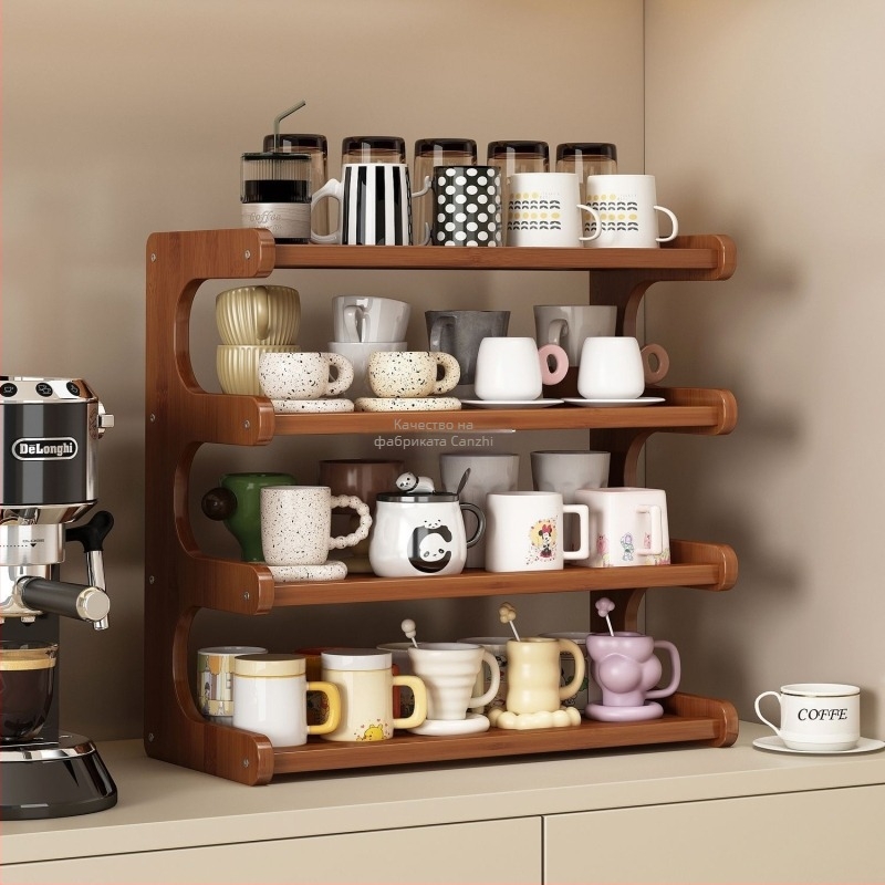 Десктоп органайзер за чаши с многоетажна конструкция (Дървен/Бамбук, 2 кг, 2-4 етажа, модерен минималистичен стил)