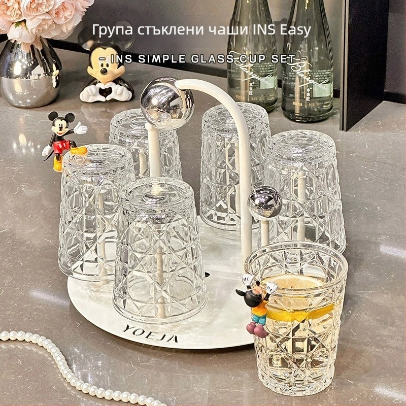 Комплект стъклени чаши за напитки, кристално стъкло, шестчастов комплект, стил лек лукс, капак за директно пиене