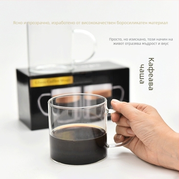 Комплект стъклени чаши за кафе, термоустойчиви, с дръжка, цилиндрични