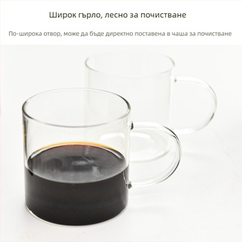 Комплект стъклени чаши за кафе, термоустойчиви, с дръжка, цилиндрични