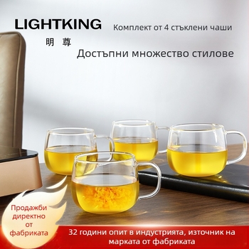 Чаша за чай с дръжка от боросиликатно стъкло, топлоустойчива, прозрачна, яйцевидна форма, комплект 4 бр., ръчно духана