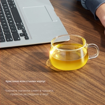 Чаша за чай с дръжка от боросиликатно стъкло, топлоустойчива, прозрачна, яйцевидна форма, комплект 4 бр., ръчно духана