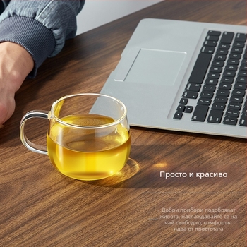 Чаша за чай с дръжка от боросиликатно стъкло, топлоустойчива, прозрачна, яйцевидна форма, комплект 4 бр., ръчно духана