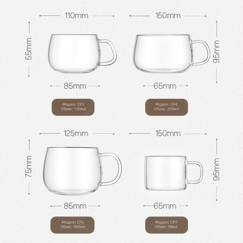 Чаша за чай с дръжка от боросиликатно стъкло, топлоустойчива, прозрачна, яйцевидна форма, комплект 4 бр., ръчно духана