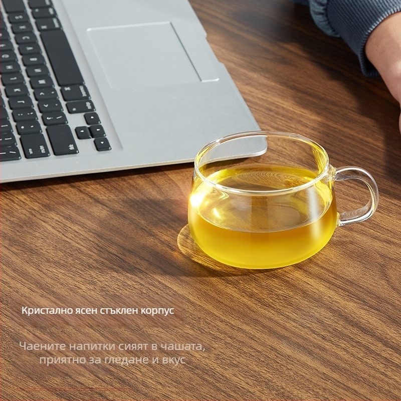 Чаша за чай с дръжка от боросиликатно стъкло, топлоустойчива, прозрачна, яйцевидна форма, комплект 4 бр., ръчно духана