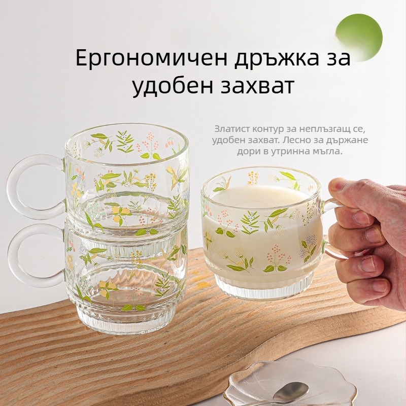 Двоен комплект чаши за кафе от сода-лаймово стъкло със дръжки, дебело дъно и печатен дизайн за горещи напитки