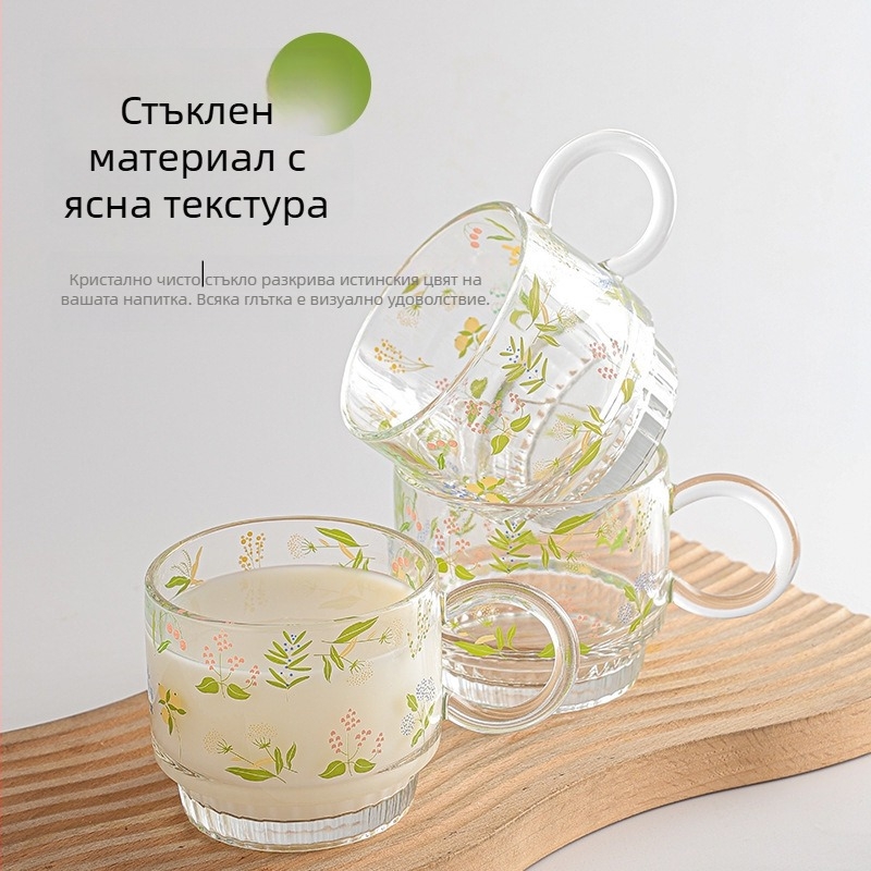 Двоен комплект чаши за кафе от сода-лаймово стъкло със дръжки, дебело дъно и печатен дизайн за горещи напитки