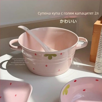 Керамичен комплект съдове с ягодова шарка, чиния с дръжка и купа за нудели, корейски стил