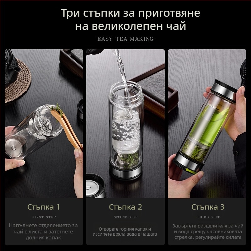 Двупластова стъклена чаша за чай с разделяне на чая, запечатваща и термоустойчива, с филтър, подаръчна кутия, персонализируема