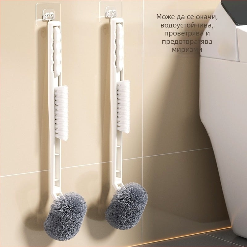 Четка за тоалетна за стенен монтаж със силиконова глава, пластмасова дръжка, дълга дръжка, база включена, монтаж без пробиване