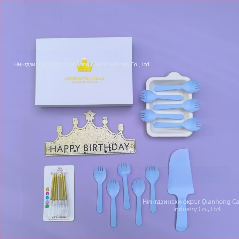 Еднократен 5-в-1 комплект съдове за хранене: квадратна хартиена чиния със вилица, нож и лъжица; 120–200 бр. в кутия.