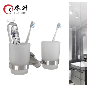 Qiao sheng 201 неръждаема стомана, стенен държач за четки за зъби с двойна чашка и стъклени чаши, огледално покритие, модерен минимализъм
