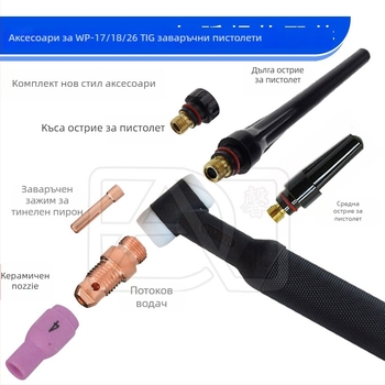 WP-17/18/26 TIG заваръчен пистолет – 10NS държач за електрод, 13N порцеланова дюза, нов водач на края