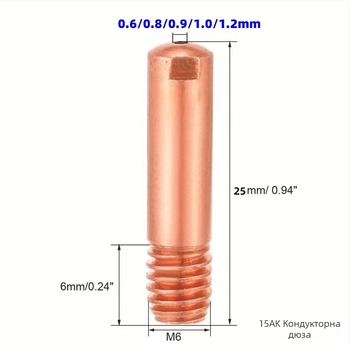Защитна дюза за 15AK газово-защитено заваряване – комплект 12 броя; съвместим с 15AK; диаметри 0.6/0.8/0.9/1.0/1.2 мм; заваръчен ток 150 A