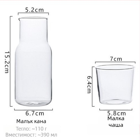 Стъклен комплект за студени напитки - 1 съд и 1 чаша, прозрачно стъкло, персонализиран логотип, модерен минималистичен стил, подходящ за сокове, мляко, напитки, ароматен чай и студена вода