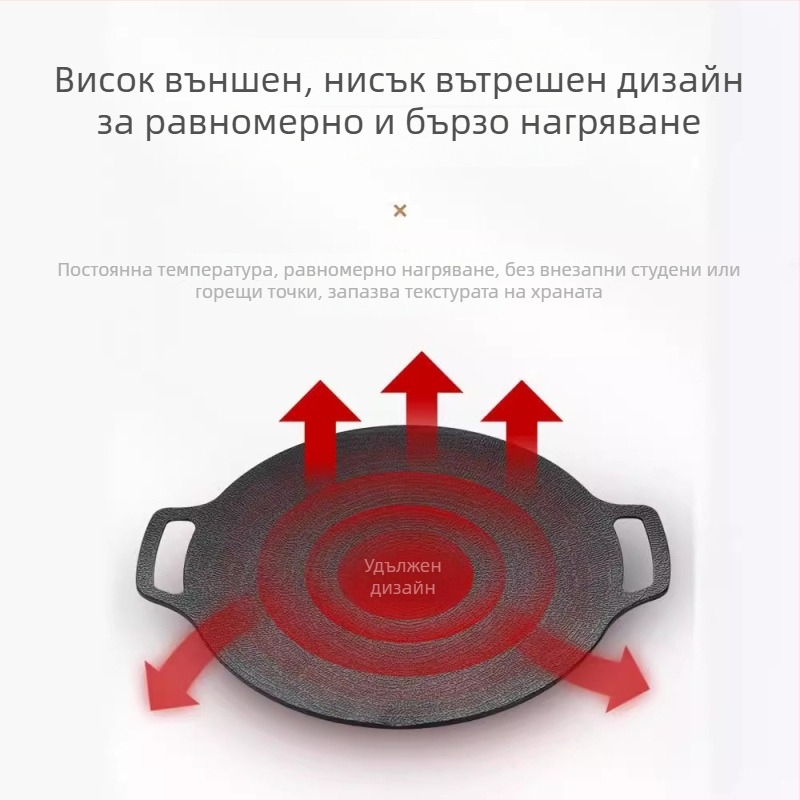 Кръгъл железен грил тиган за къмпинг и открито барбекю – бездимно, незалепващо покритие, тегло 450 g (Материал: Желязо; Форма: Кръгла; Тегло: 450 g; Функции: Бездимно; Неприлепващо)