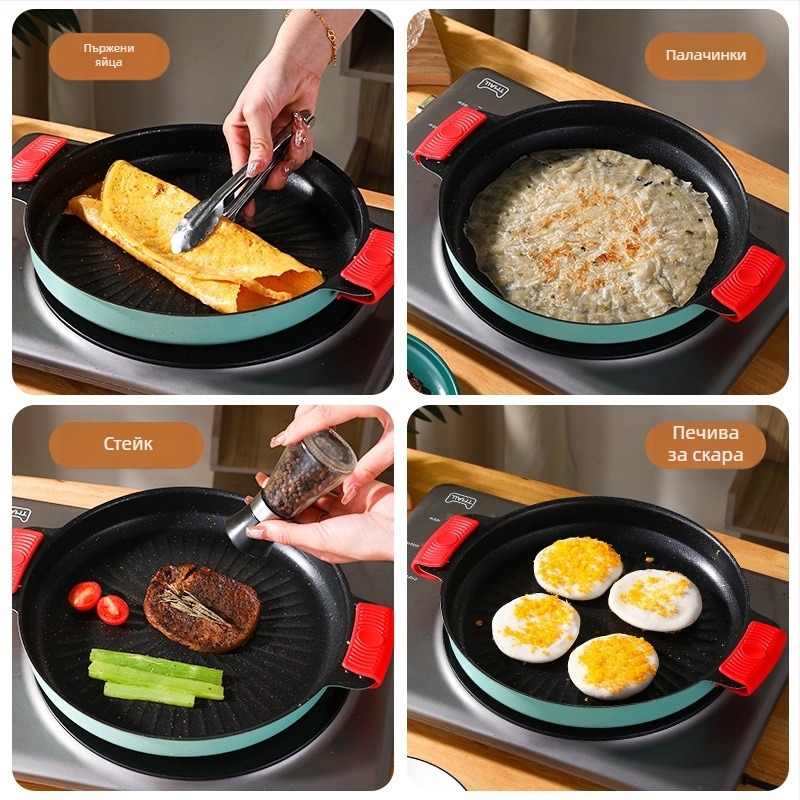 Грил тиган с маифан камък, кръгъл, от желязо, 870 г, многофункционален и преносим, незалепващо покритие