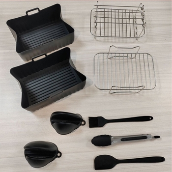 Аксесоари за фритюрник, 7-частен комплект, двойни съдове и грил, правоъглена фурна, неръждаема стомана