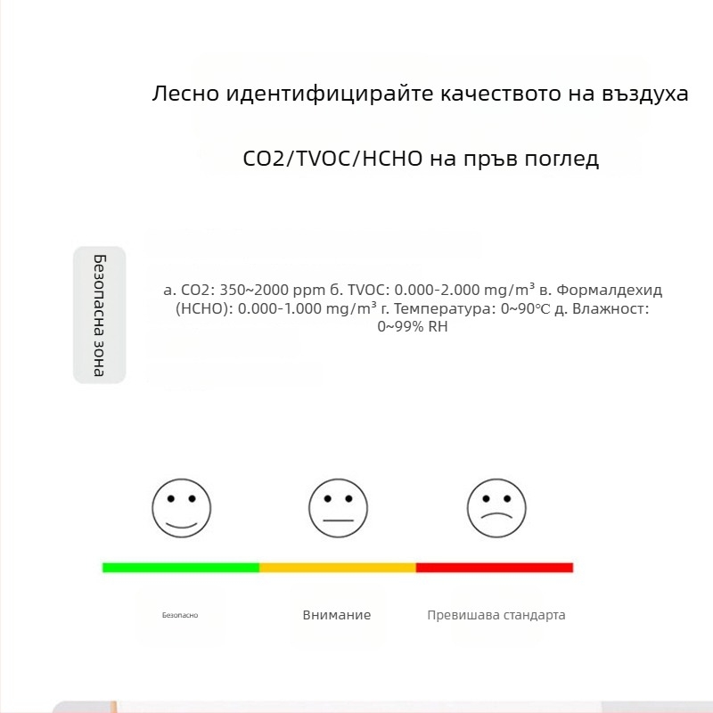 Luffeta 001 Портативен детектор за качество на въздуха за CO2, формалдехид, кислород и общо качество на въздуха, температура и влажност, обхват 20 м², зареждащ се