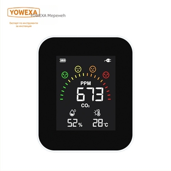 YOWEXA YEM-42 CO2 инфрачерен детектор, вътрешен монитор за качество на въздуха, 3-в-1 термометър и хигромер, 400–10000 ppm, 1 ppm резолюция, ±3% точност, захранване USB/3x AAA/Li-ion