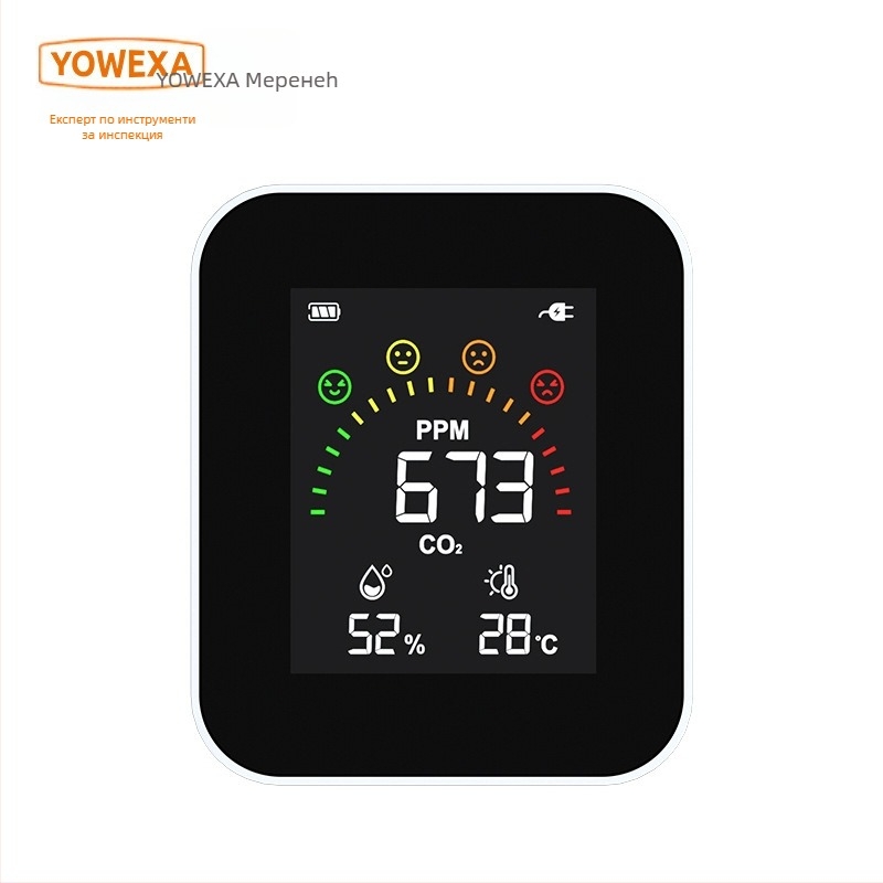 YOWEXA YEM-42 CO2 инфрачерен детектор, вътрешен монитор за качество на въздуха, 3-в-1 термометър и хигромер, 400–10000 ppm, 1 ppm резолюция, ±3% точност, захранване USB/3x AAA/Li-ion