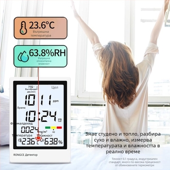 Многофункционален детектор за качество на въздуха за вътрешни помещения: PM2.5, CO2, формалдехид, температура и влажност; диапазон 0-5 mg/m³; резолюция 0.01; точност 0.02; захранване Type-C