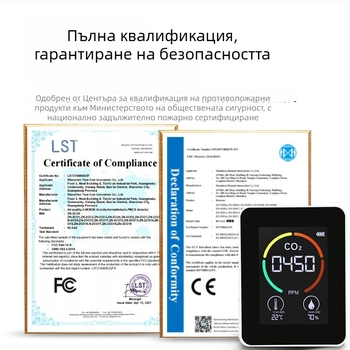 3-в-1 CO2 тестер с CO2, температура и влажност – обхват 400–5000 ppm, резолюция 1 ppm, точност 10 ppm, захранване Type-C
