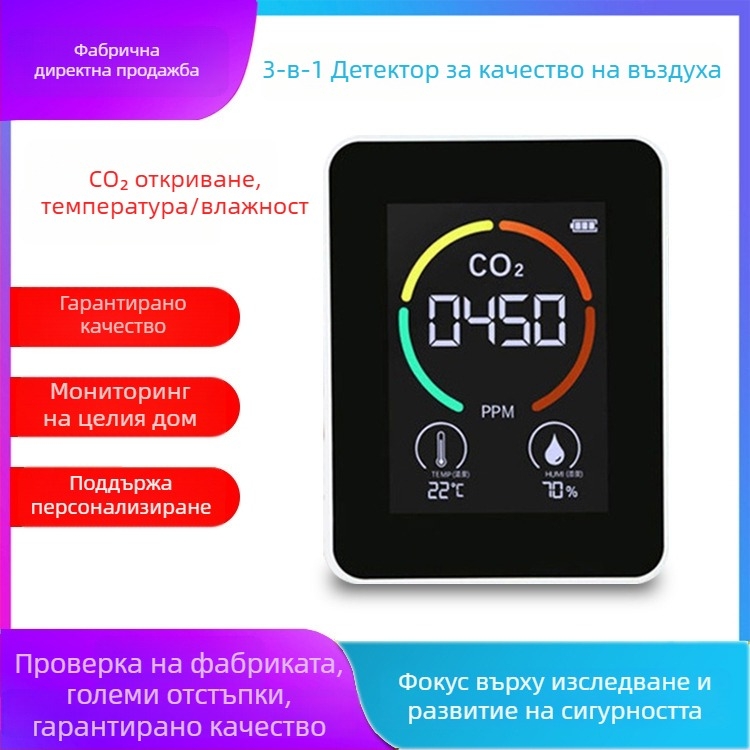 3-в-1 CO2 тестер с CO2, температура и влажност – обхват 400–5000 ppm, резолюция 1 ppm, точност 10 ppm, захранване Type-C