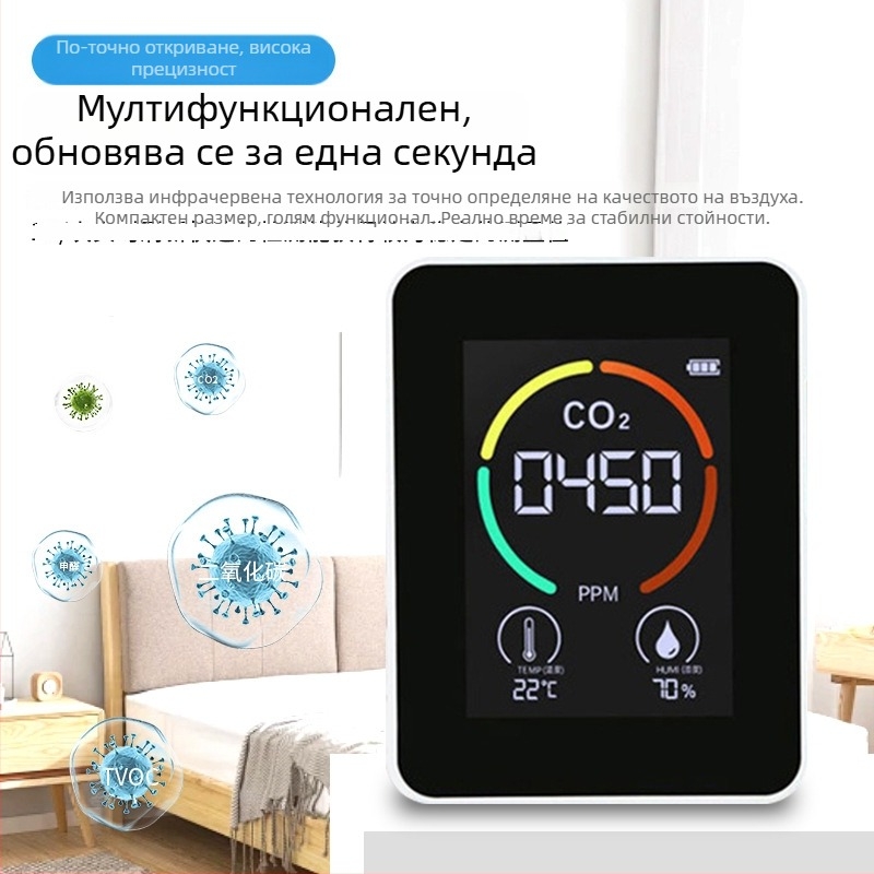 3-в-1 CO2 тестер с CO2, температура и влажност – обхват 400–5000 ppm, резолюция 1 ppm, точност 10 ppm, захранване Type-C