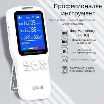WP6933 Вътрешен измервател на качеството на въздуха за дома — формалдехид 0–1.999 mg/m3, TVOC 0–9.999 mg/m3, CO2 400–2000 ppm (USB захранване)