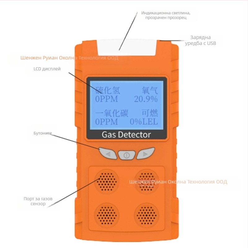 Преносим газов детектор с четири функции за O2, CO, H2S и запалими газове, RA600, обхват 0–999 ppm / 30%, презареждаема литиево-йонна батерия.